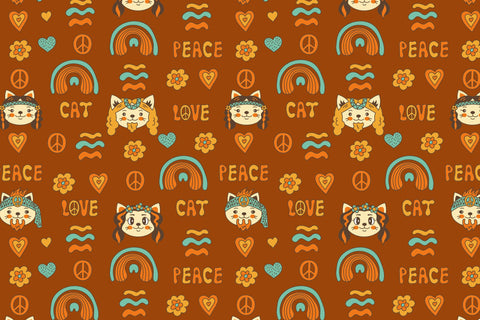 Groovy Hippie Seamless Patterns With Cat Digital Pattern Rin Green 