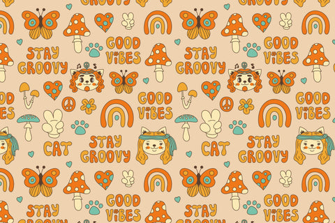 Groovy Hippie Seamless Patterns With Cat Digital Pattern Rin Green 