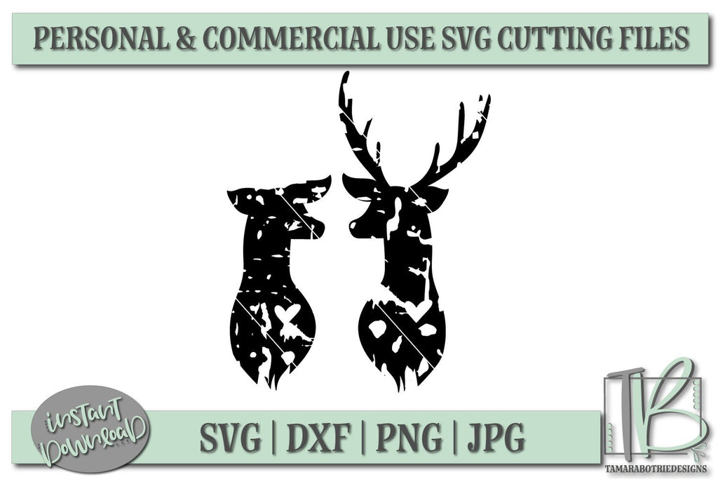 Grunge Deer Head SVG, Buck and Doe With Hearts SVG File, Valentine's ...