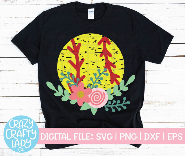 Grunge Floral Softball | Distressed SVG Cut File SVG Crazy Crafty Lady Co. 