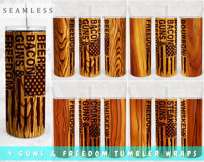 Guns and Freedom Tumbler Wraps Bundle, 20 Oz Skinny Tumbler Sublimation Designs, Whiskey Steak Guns And Freedom PNG, 4 Designs Sublimation HappyDesignStudio 
