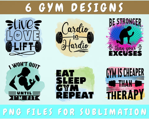 Gym Sublimation Designs Bundle, 6 Gym Quotes PNG Files, Gym Sayings PNG, Live Love Lift PNG, Cardio Is Hardio PNG, Eat Sleep Gym Repeat PNG Sublimation HappyDesignStudio 