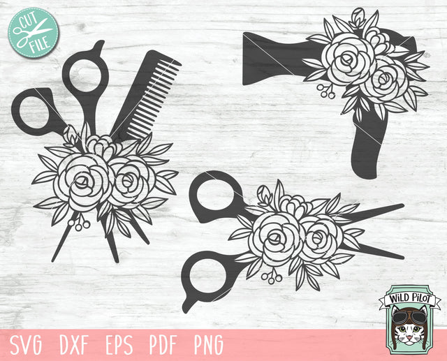 Hair Dresser SVG File, Hair Salon SVG, Floral Scissors SVG, Comb SVG, Blow Dryer SVG Cut File, Scissor Flowers SVG, Hair Stylist SVG File, Hair Dresser Cut File SVG Wild Pilot 