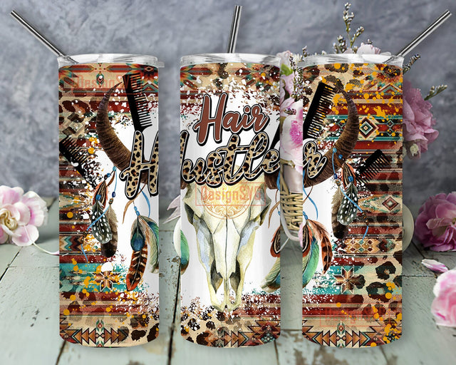 Hair Hustler 20oz Skinny Tumbler, Aztec Leopard Tumbler Wrap, Cow Skull Tumbler Png, Hair Hustler Sublimation Design, Western Tumbler Design, Instant Download Sublimation DesignSVG 