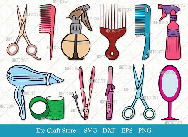 Hair Salon Clipart SVG Cut File | Scissors Svg | Comb Svg | Mirror Svg | Hair Straightener | Hair Dryer | Bundle | Eps | Dxf | Png SVG ETC Craft 