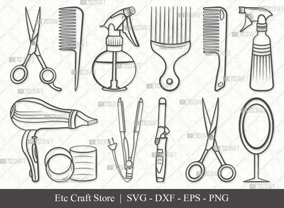 Hair Salon Outline SVG Cut File | Scissors Svg | Comb Svg | Mirror Svg | Hair Straightener | Hair Dryer | Bundle | Eps | Dxf | Png SVG ETC Craft 