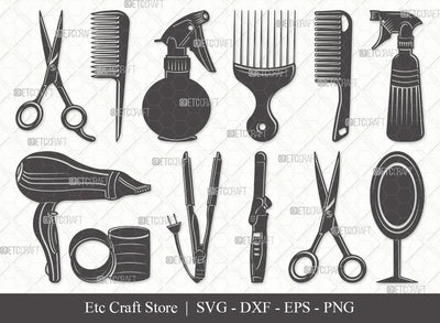 Hair Salon Silhouette SVG Cut File | Scissors Svg | Comb Svg | Mirror Svg | Hair Straightener | Hair Dryer | Bundle | Eps | Dxf | Png SVG ETC Craft 
