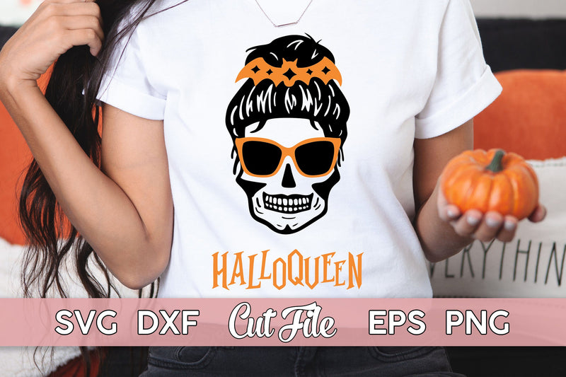 Halloqueen SVG | Skull Messy Bun Mom SVG, Halloween Queen SVG Maggie Do Design 