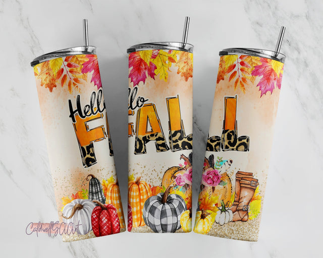 Halloween 20 oz Skinny Tumbler Hello Fall , Autumn Design, Fall Tumbler, Cute Funny Design Sublimation CaldwellArt 