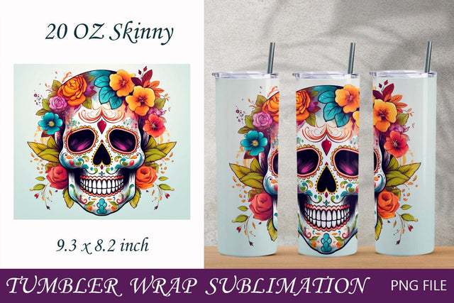 Halloween 20 oz tumbler wrap, Sugar skull 20 oz skinny tumbler png Sublimation AnastasiyaArtDesign 