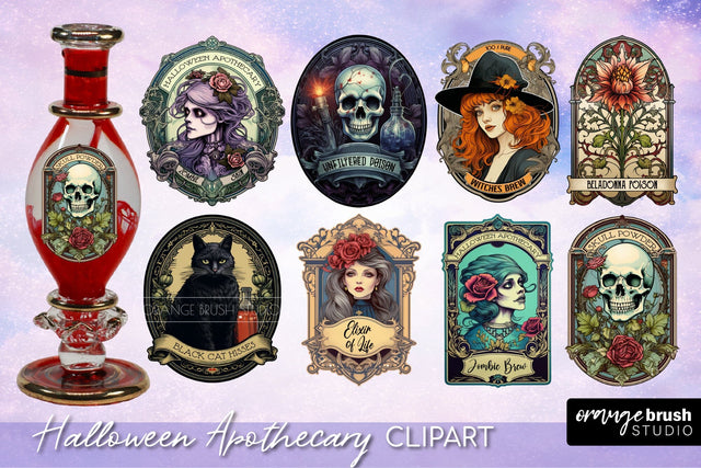 Halloween Apothecary Labels: Vintage Clipart Bundle 8 PNG Sublimation OrangeBrushStudio 
