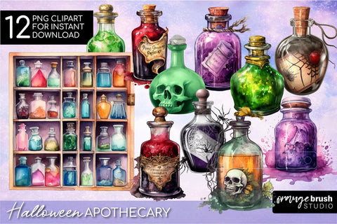 Halloween Apothecary Watercolor Clipart, Magic Potion Bottle Sublimation OrangeBrushStudio 