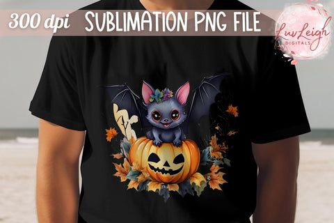Halloween Bat on Pumpkin T-shirt PNG Sublimation Luvleigh Digitals 