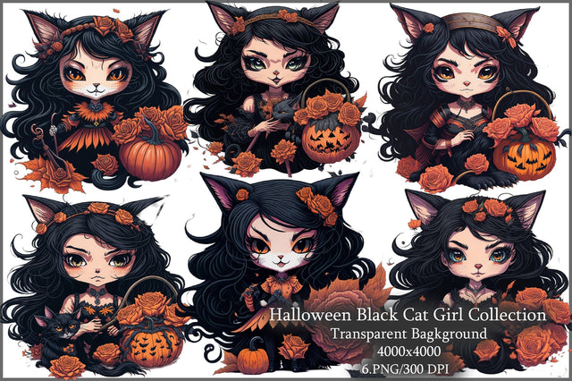 Halloween Black Cat Girl Clipart Sublimation Creativeart88 