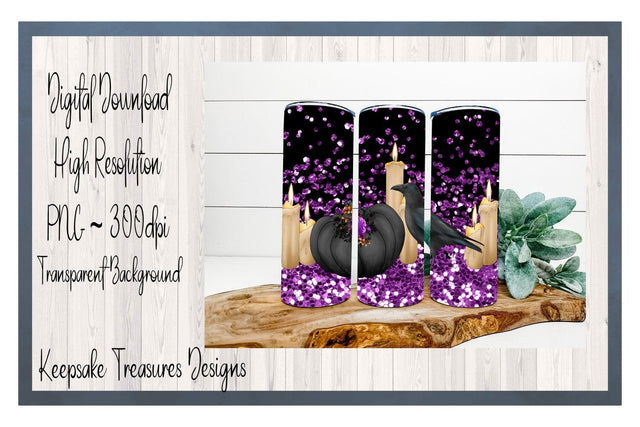 Halloween Black Crow 20oz Straight Tumbler Wrap, Black Background and Purple Glitter, Sublimation PNG, Digital Download Sublimation Keepsake Treasures Designs LLC. 