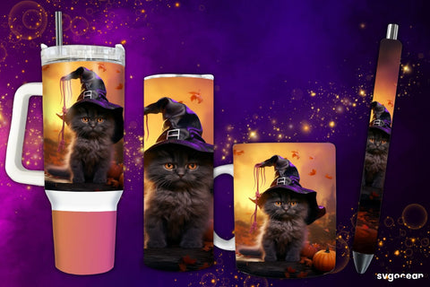 Halloween Black Kitty Bundle | Tumbler | Mug | Pen Sublimation SvgOcean 