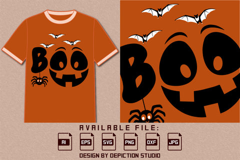 Halloween Boo Pumpkin Face T-Shirt, Halloween Bats, Spider Shirt, Halloween Boo Shirt, Halloween Pumpkin Funny Face Shirt, Pumpkin Face Boo Shirt Print Template SVG Depiction Studio 