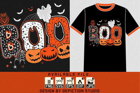 Halloween Boo T-Shirt, Pumpkin, Spider Net, Ghost Shirt Print Template Sketch DESIGN Depiction Studio 