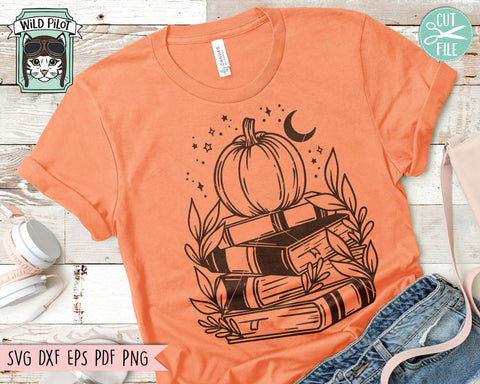 Halloween Book Lover SVG, Pumpkin Book svg, Reading svg, Halloween Teacher svg, Librarian svg, halloween png file, Leaves Moon svg SVG Wild Pilot 