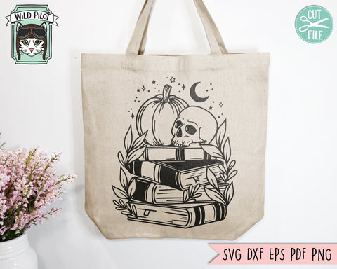 Halloween Book Lover SVG, Skull Pumpkin Book svg, Reading svg, Halloween Teacher svg, Librarian svg, halloween png file, Leaves Moon svg SVG Wild Pilot 
