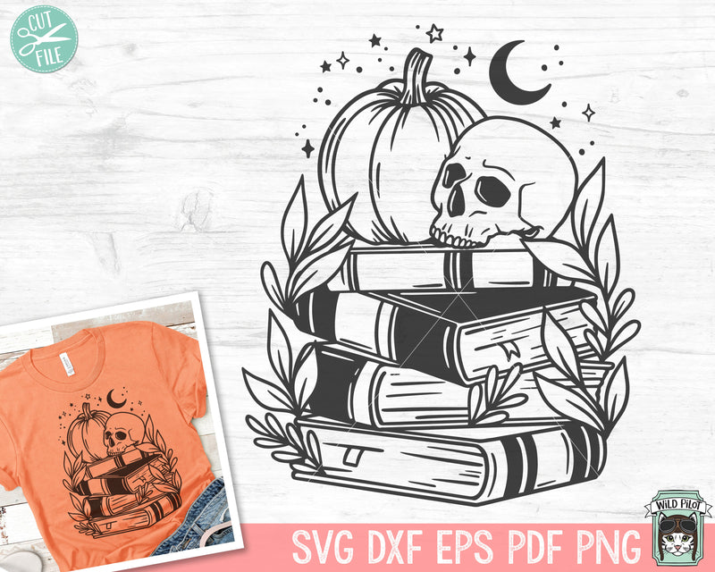 Halloween Book Lover SVG, Skull Pumpkin Book svg, Reading svg, Halloween Teacher svg, Librarian svg, halloween png file, Leaves Moon svg SVG Wild Pilot 