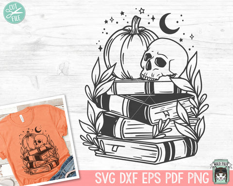 Halloween Book Lover SVG, Skull Pumpkin Book svg, Reading svg, Halloween Teacher svg, Librarian svg, halloween png file, Leaves Moon svg SVG Wild Pilot 