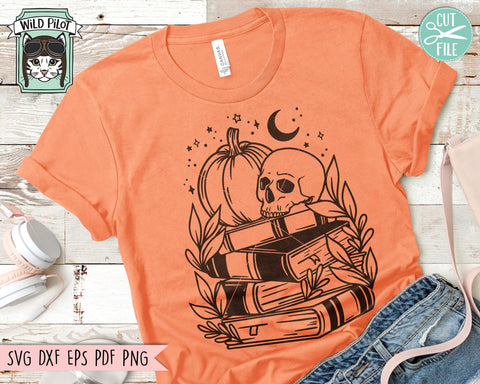 Halloween Book Lover SVG, Skull Pumpkin Book svg, Reading svg, Halloween Teacher svg, Librarian svg, halloween png file, Leaves Moon svg SVG Wild Pilot 