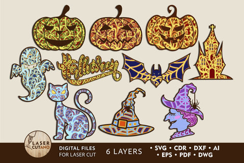 HALLOWEEN BUNDLE Multilayer Laser Cut Files, Mandala, Round Sign SVG, 3D Designs, Mini Design Bundles SVG LaserCutano 