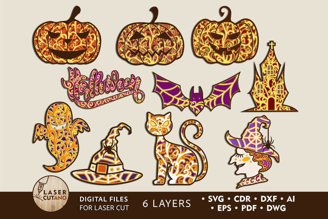 HALLOWEEN BUNDLE Multilayer Laser Cut Files, Mandala, Round Sign SVG, 3D Designs, Mini Design Bundles SVG LaserCutano 