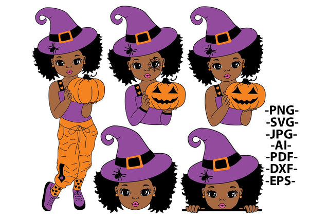 Halloween Bundle Svg, Afro Girl With Pumpkin, Halloween Svg, Pumpkin Svg, Halloween Dress Designs, Cute Little Kid, Svg Cut Files SVG 1uniqueminute 