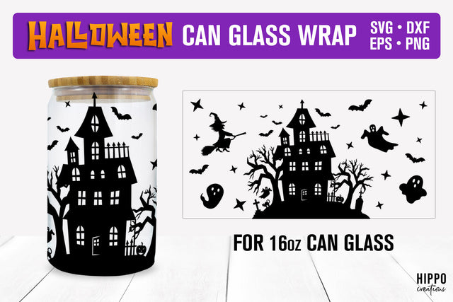 Halloween Can Glass Wrap, Haunted House Can Glass Wrap SVG Hippo Creations 