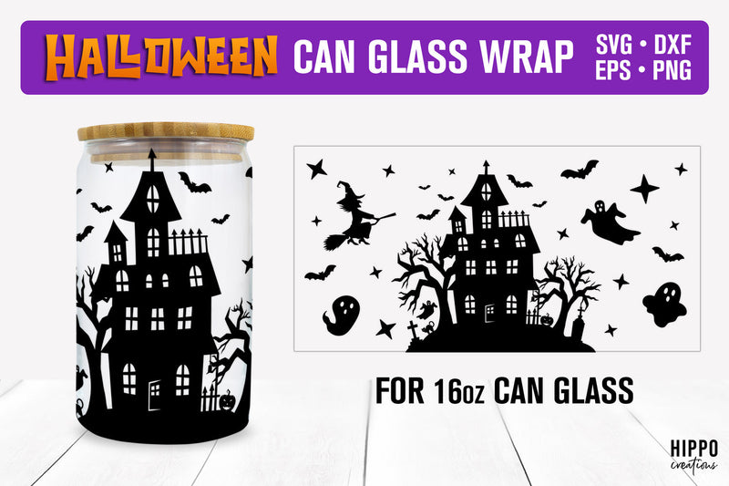 Halloween Can Glass Wrap, Haunted House Can Glass Wrap SVG Hippo Creations 