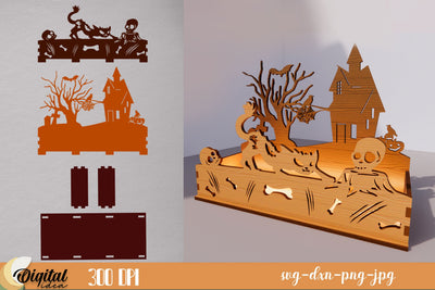 Halloween Candle Box 3D Design | 3D Halloween Silhouette Laser Cut | Spooky Scene SVG Evgenyia Guschina 