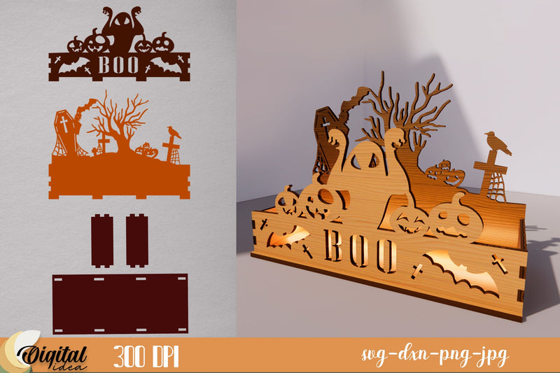 Halloween Candle Box 3D Design | 3D Halloween Silhouette Laser Cut | Spooky Scene SVG Evgenyia Guschina 