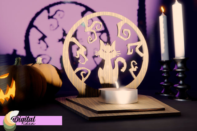 Halloween Candle Holder 3D Laser Cut. 3D Halloween Cat Laser Cut. SVG Evgenyia Guschina 