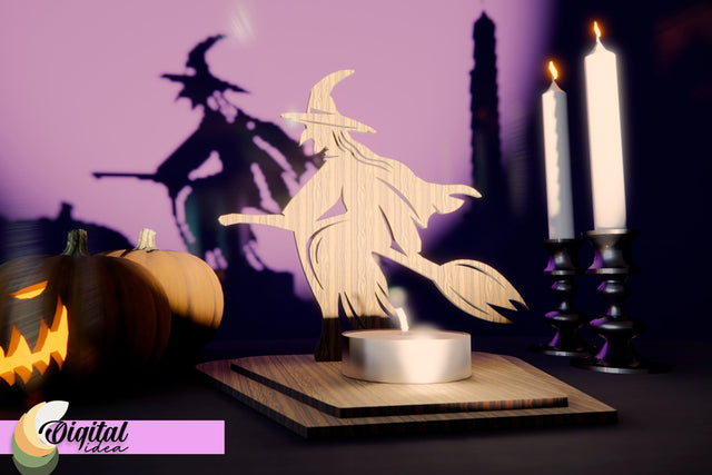 Halloween Candle Holder 3D Laser Cut. 3D Halloween Witch Laser Cut. SVG Evgenyia Guschina 
