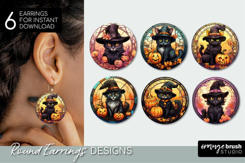 Halloween Cat Stained Glass Earrings - Sublimation Bundle Sublimation OrangeBrushStudio 