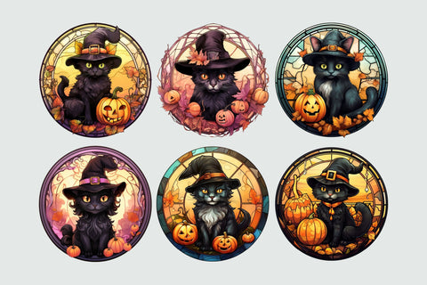 Halloween Cat Stained Glass Round PNG Sublimation Bundle Sublimation OrangeBrushStudio 