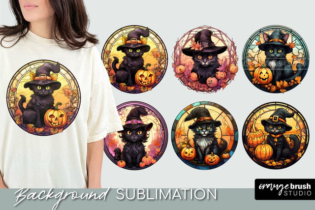 Halloween Cat Stained Glass Round PNG Sublimation Bundle Sublimation OrangeBrushStudio 