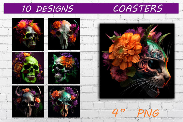 Halloween coasters with animal skulls and flowers, Square coaster sublimation Sublimation AnastasiyaArtDesign 