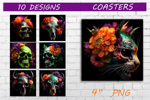 Halloween coasters with animal skulls and flowers, Square coaster sublimation Sublimation AnastasiyaArtDesign 