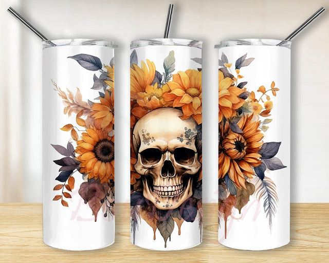Halloween Colours 20oz Skinny Tumbler Png, Watercolour Boho Flowers Png, Skull Sunflower Tumbler, Skull Tumbler Design, Coffee Tumbler, Skinny Tumbler Png Sublimation BouDesign 