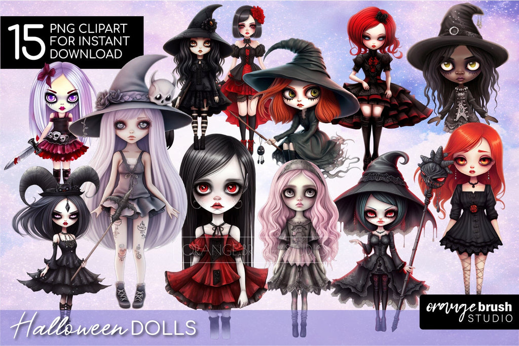 Halloween Dolls Witch Clipart Bundle, Gothic Clipart PNG - So Fontsy