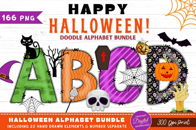 Halloween Doodle Alphabet Bundle with Hand Drawn Clipart Font Regulrcrative 