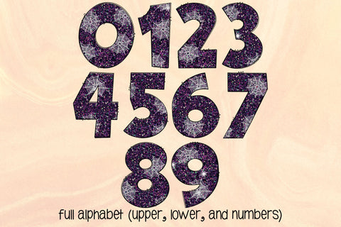 Halloween Doodle Letters PNG, Purple Giltter Spider Web Alpha Bundle Sublimation Crafty Mama Studios 