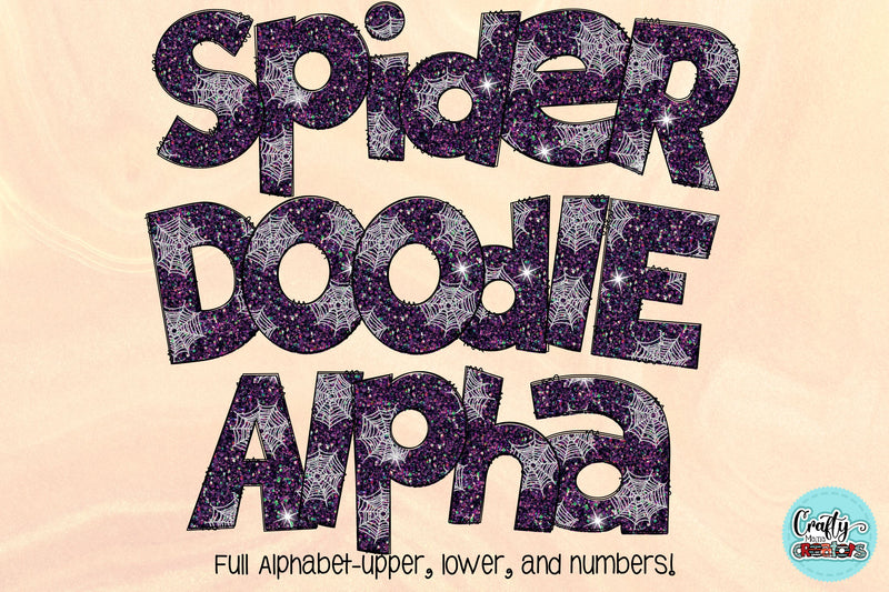 Halloween Doodle Letters PNG, Purple Giltter Spider Web Alpha Bundle Sublimation Crafty Mama Studios 