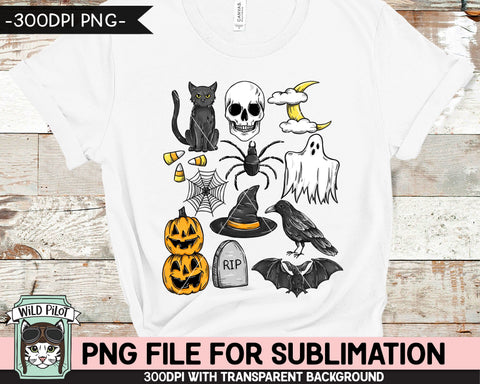 Halloween Doodles SUBLIMATION design PNG, Halloween png file sublimation design, Fall png, Autumn png, Pumpkin png, Skull png, Cat png, Bat png, Ghost png, Spider png, Crow png Sublimation Wild Pilot 