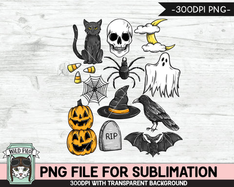 Halloween Doodles SUBLIMATION design PNG, Halloween png file sublimation design, Fall png, Autumn png, Pumpkin png, Skull png, Cat png, Bat png, Ghost png, Spider png, Crow png Sublimation Wild Pilot 