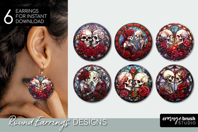 Halloween Earrings Bundle: Stained Glass Skeleton Lovers Sublimation OrangeBrushStudio 