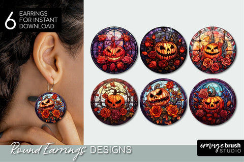 Halloween Earrings Sublimation Bundle Pumpkin Stained Glass Sublimation OrangeBrushStudio 